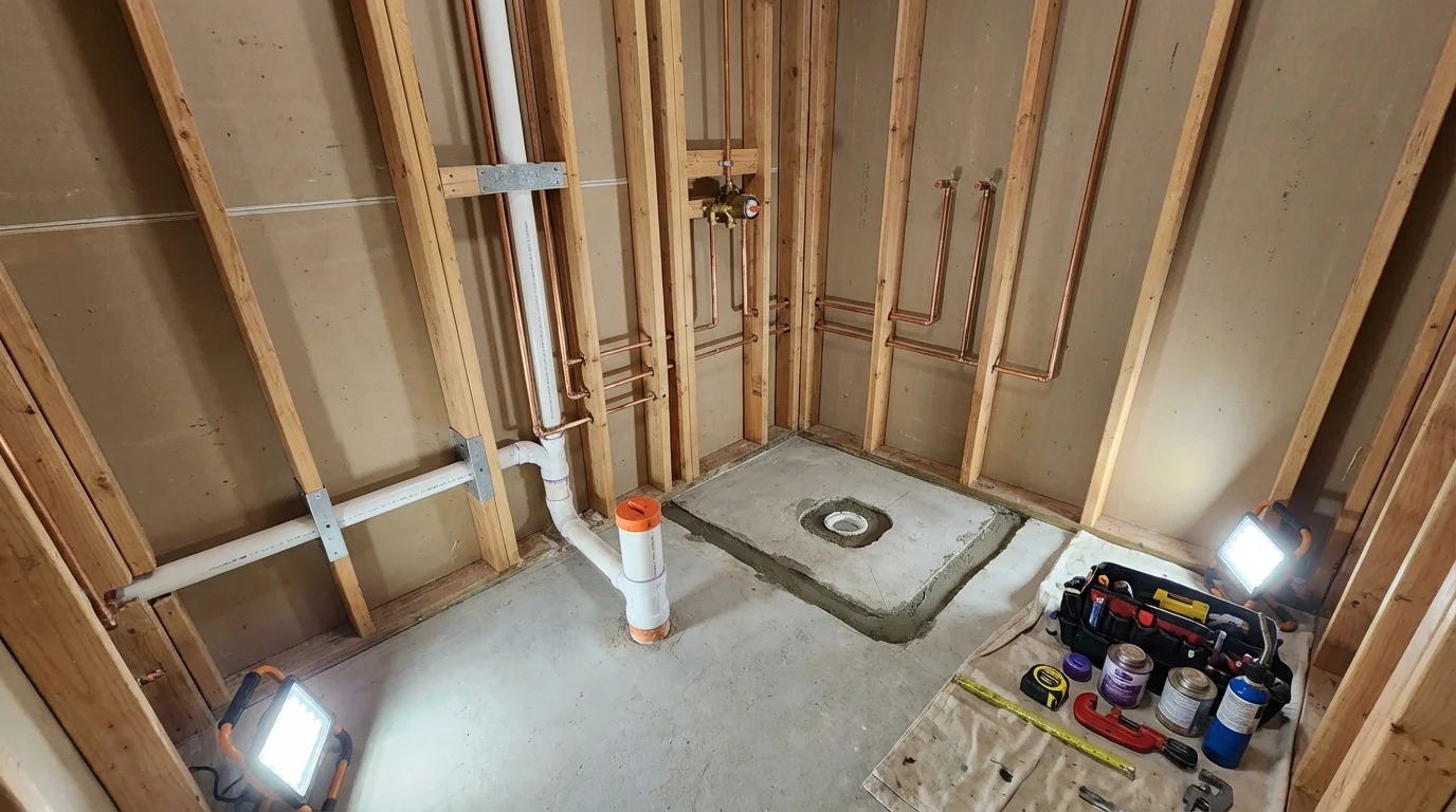 Bathroom rough-in plumbing during remodel by Johns Plumbing LLC in Piermont