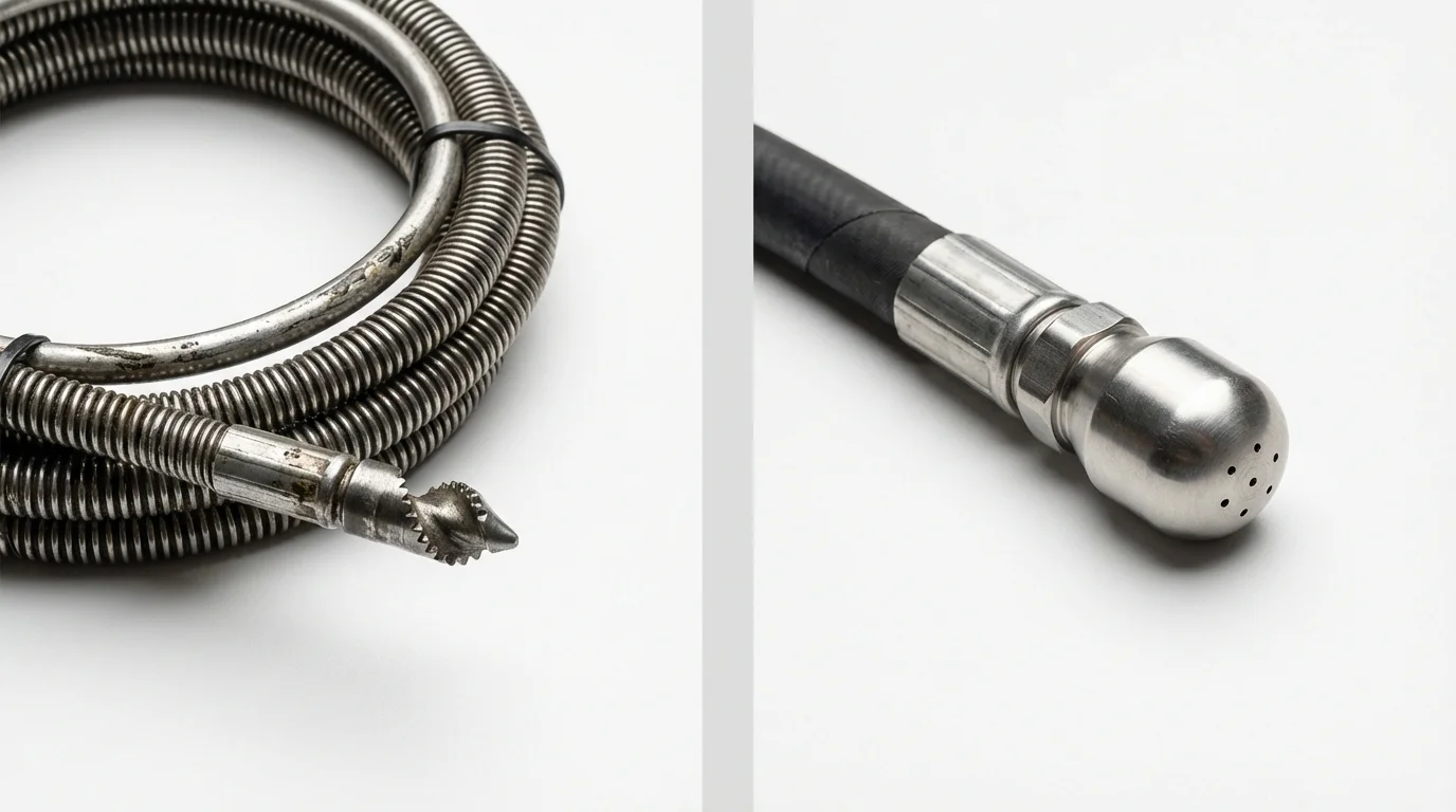 Drain snake cable and hydro jetting nozzle used for drain cleaning in Piermont, NY