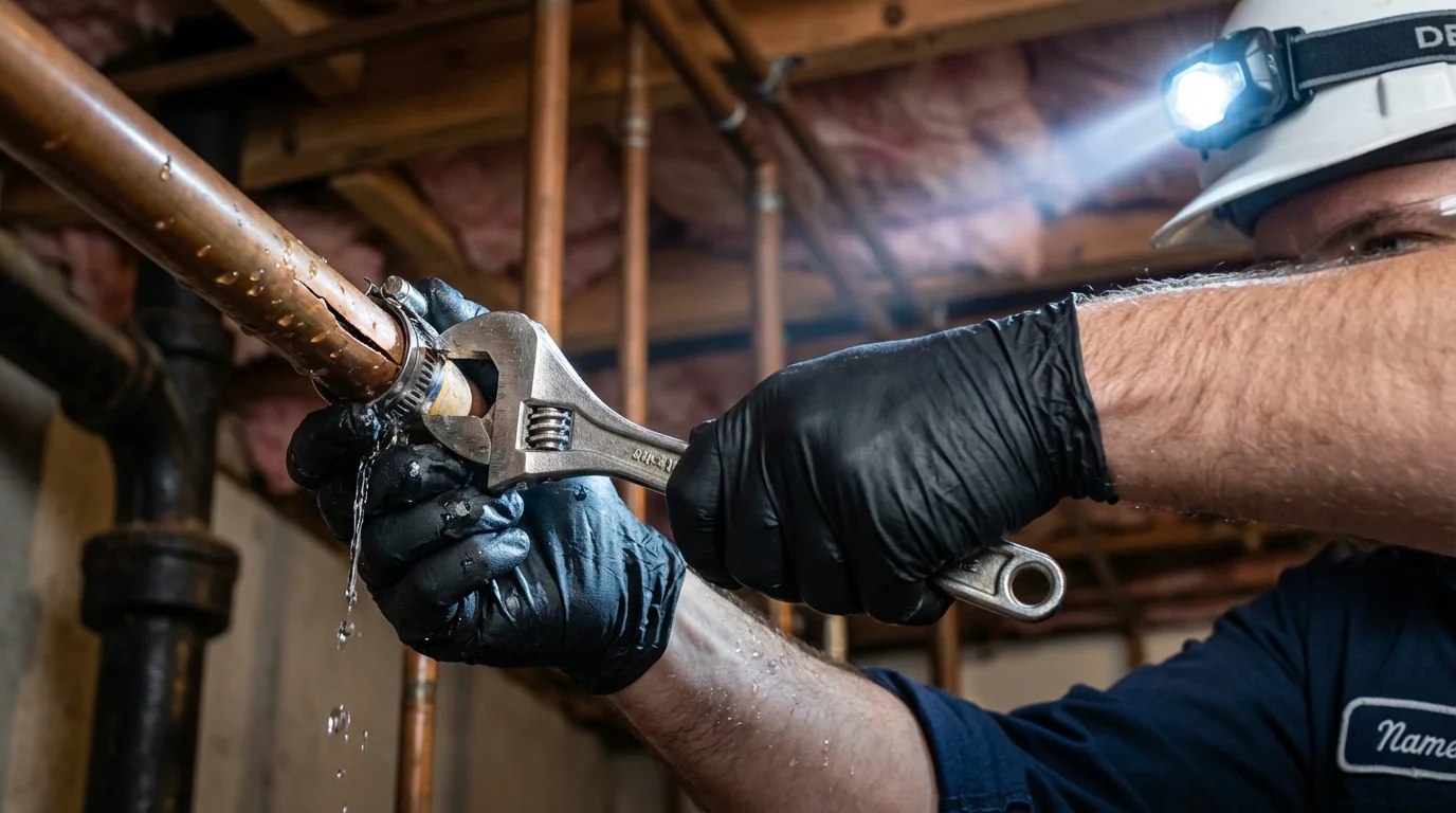 Emergency pipe clamp repair being performed by a Johns Plumbing LLC plumber in Piermont