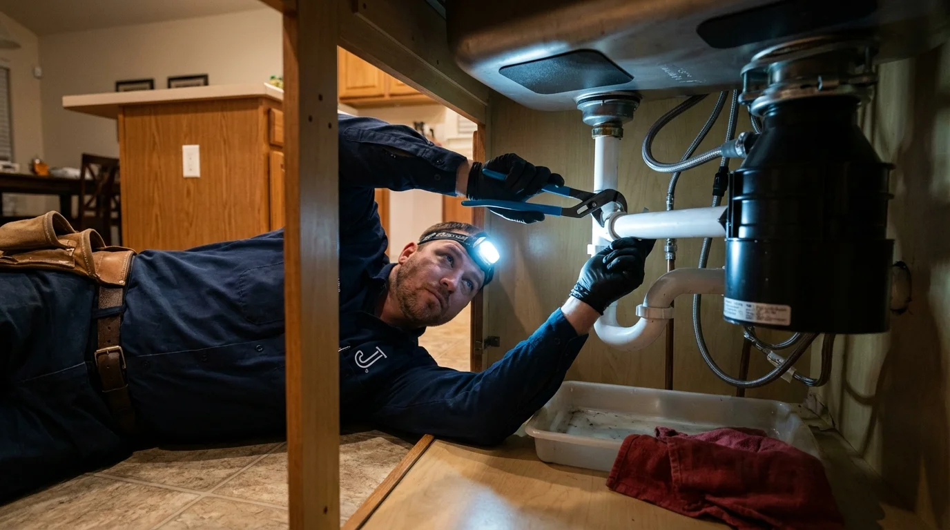 P-trap and supply line connections under a kitchen sink showing a common leak point in Piermont, NY